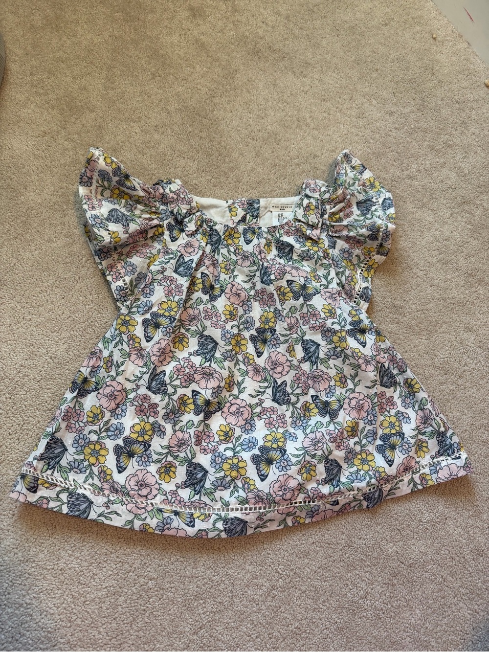 Max Studio White Floral Butterfly Print Ruffle Sleeve Top